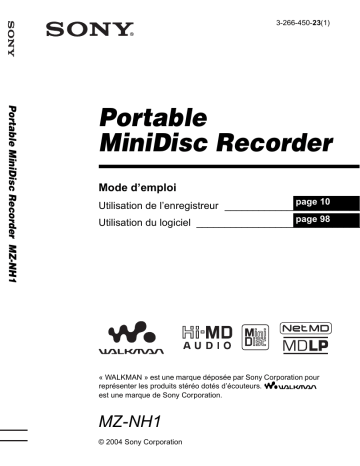 MZ NH1 | Mode d'emploi | Sony MZ-NH1 Manuel utilisateur | Fixfr