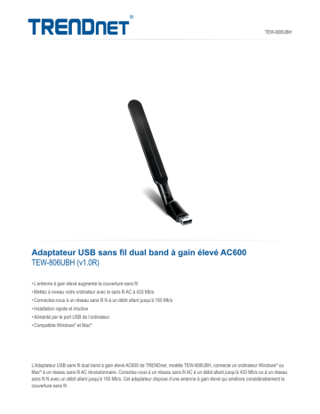 Trendnet TEW-806UBH AC600 High Gain Dual Band Wireless USB Adapter Fiche technique | Fixfr