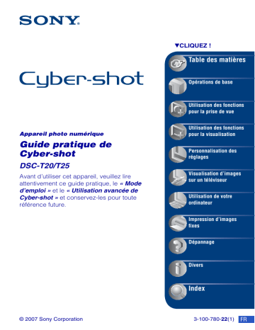 Cyber-Shot DSC T25 | DSC-T25 | Cyber-Shot DSC T20 | Mode d'emploi | Sony DSC-T20HDPR Manuel utilisateur | Fixfr