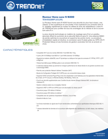 Trendnet TEW-652BRP N300 Wireless Home Router Fiche technique | Fixfr
