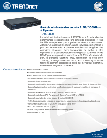 Trendnet TE100-S800i 8-Port 10/100Mbps Layer 2 Managed Switch Fiche technique | Fixfr