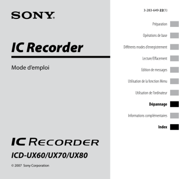 ICD UX60 | ICD UX70 | ICD-UX70 | Sony ICD UX80 Manuel utilisateur | Fixfr