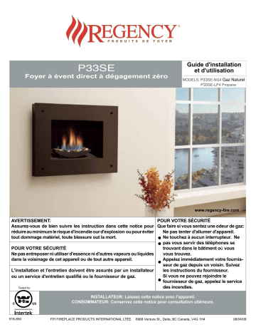 Manuel du propriétaire | Regency Fireplace Products Sunrise P33SE Gas Fireplace Manuel utilisateur | Fixfr