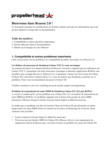 Manuel du propriétaire | Propellerhead Reason 2.0 Manuel utilisateur | Fixfr