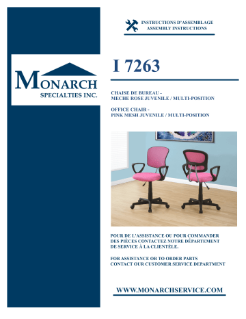 I 7263 | Monarch Pink Multi-Position Kids Office Chair Guide d'installation | Fixfr