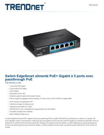 Trendnet RB-TPE-P521ES 5-Port Gigabit PoE+ Powered EdgeSmart Switch Fiche technique | Fixfr