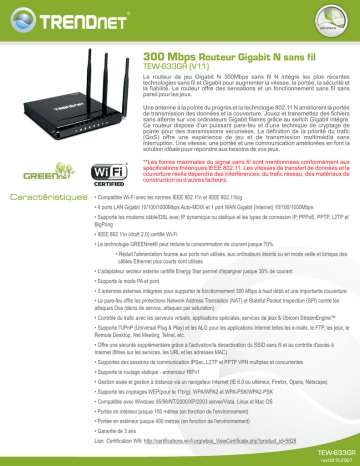 Trendnet TEW-633GR 300Mbps Wireless N Gigabit Router Fiche technique | Fixfr
