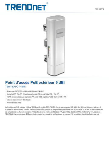 Trendnet TEW-730APO 9 dBi Outdoor PoE Access Point Fiche technique | Fixfr