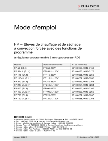 FP 115 | FP 240 | FP 53 | FP 720 | Mode d'emploi | Binder FP 400 Étuves de séchage et de chauffage Manuel utilisateur | Fixfr