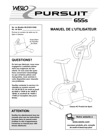 Pursuit 690s | Pursuit 655s | WLEVEX13590 | Vector 302 | Vector 402 | Pursuit 95 | Weslo Vector 502 Manuel utilisateur | Fixfr