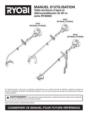 Manuel du propriétaire | Ryobi RY30020 Manuel utilisateur | Fixfr