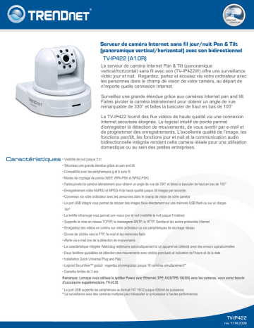 Trendnet RB-TV-IP422 TRENDnetVIEW Day/Night Pan/Tilt/Zoom Network Camera Fiche technique | Fixfr