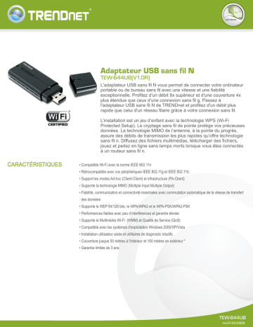 Trendnet TEW-644UB Wireless N USB Adapter Fiche technique | Fixfr
