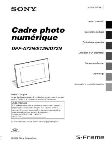 Manuel du propriétaire | Sony DPF-E72N Manuel utilisateur | Fixfr