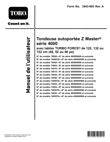 52in Z Master 4000 Series Riding Mower | 60in Z Master 4000 Series Riding Mower | Toro 48in Z Master 4000 Series Riding Mower Riding Product Manuel utilisateur | Fixfr