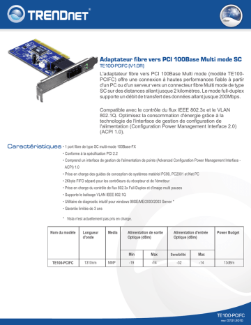 Trendnet TE100-PCIFC 100Base Multi-Mode SC Fiber-to-PCI Adapter Fiche technique | Fixfr