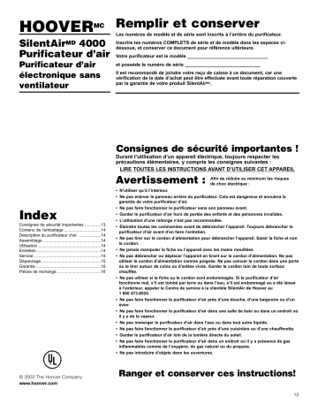 Manuel du propriétaire | Hoover SILENTAIR 4000 AIR PURIFIER Manuel utilisateur | Fixfr