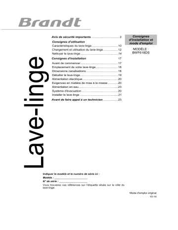 Manuel du propriétaire | Brandt BWF618DS Manuel utilisateur | Fixfr