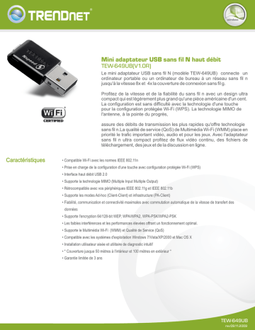 Trendnet TEW-649UB Mini Wireless N Speed USB Adapter Fiche technique | Fixfr
