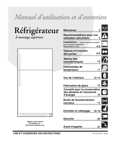 GLRT184TCB | FRT21P6CW | FRT21C5AW | Manuel du propriétaire | Frigidaire FRT18HP7DW Manuel utilisateur | Fixfr