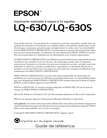 Manuel du propriétaire | Epson LQ-630S Manuel utilisateur | Fixfr