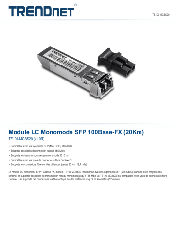 Trendnet TE100-MGBS20 100Base-FX SFP Single-Mode LC Module (20 km) Fiche technique | Fixfr