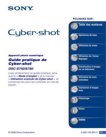 Cyber-Shot DSC S780 | DSC-S780 | DSC-S750 | Mode d'emploi | Sony Cyber-Shot DSC S750 Manuel utilisateur | Fixfr