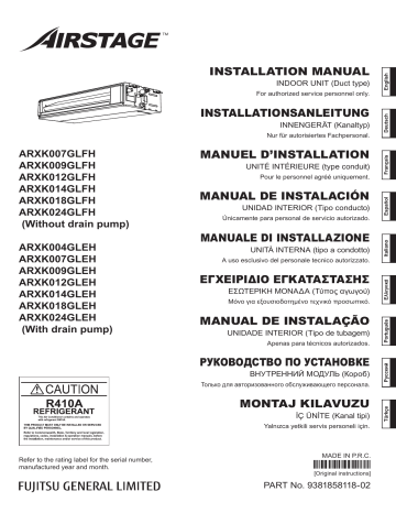 ARXK004GLEH | ARXK014GLEH | ARXK007GLEH | ARXK012GLEH | ARXK009GLEH | ARXK024GLEH | Installation manuel | Fujitsu ARXK018GLEH Guide d'installation | Fixfr
