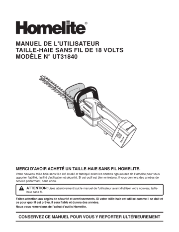 Manuel du propriétaire | Homelite ut31840 18 V Hedge Trimmer Manuel utilisateur | Fixfr