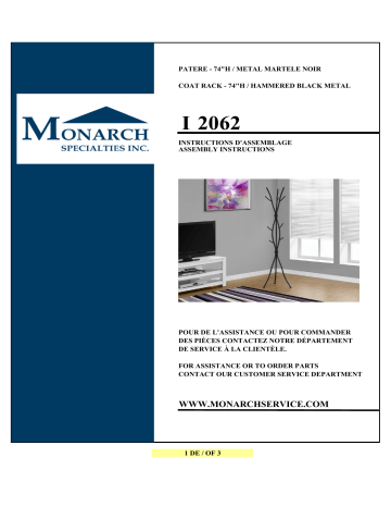 I 2062 | Monarch Specialties Black 8-Hook Coat Rack Guide d'installation | Fixfr