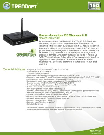Trendnet TEW-651BR N150 Wireless Home Router Fiche technique | Fixfr
