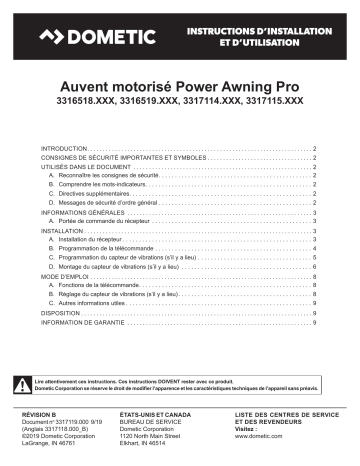 Mode d'emploi | Dometic 3317119.000 Power Awning Pro 3316518.XXX, 3316519.XXX, 3317114.XXX, 3317115.XXX Manuel utilisateur | Fixfr