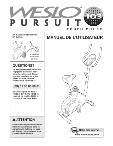 Pursuit 103 Bike | Pursuit 103 | Weslo WLEVEX19831 Manuel utilisateur | Fixfr