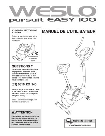 Manuel du propriétaire | Weslo PURSUIT EASY 100 Manuel utilisateur | Fixfr