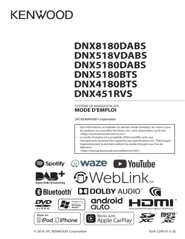 DNX 518V DABS | DNX 451 RVS | DNX 5180 DABS | DNX 4180 BTS | DNX 5180 BTS | Kenwood DNX 8180 DABS Mode d'emploi | Fixfr