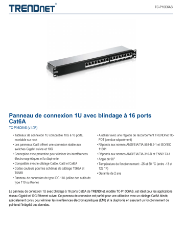 Trendnet TC-P16C6AS 16-Port Cat6A Shielded 1U Patch Panel Fiche technique | Fixfr