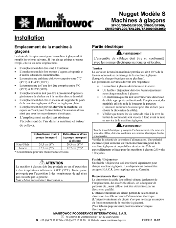 Manitowoc Ice S Model Flake/Nugget Manuel utilisateur | Fixfr