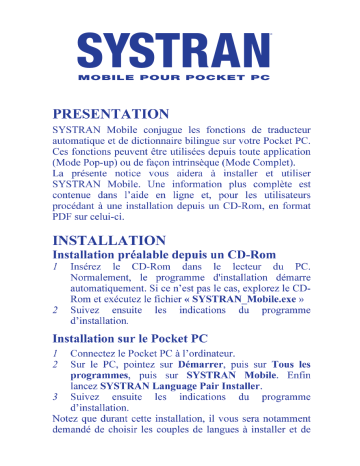 Mode d'emploi | SYSTRAN Mobile pour Pocket PC Manuel utilisateur | Fixfr