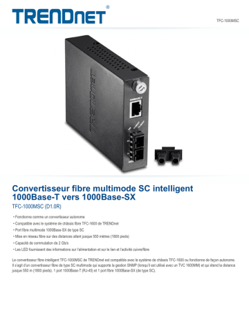 Trendnet RB-TFC-1000MSC Intelligent 1000Base-T to 1000Base-SX Multi-Mode SC Fiber Converter Fiche technique | Fixfr