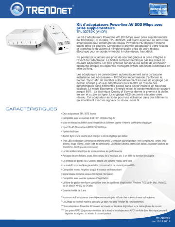 RB-TPL-307E2K | Trendnet TPL-307E2K 200Mbps Powerline AV Adapter Kit Fiche technique | Fixfr