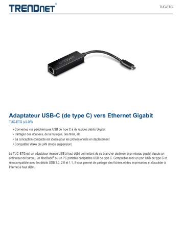Trendnet TUC-ETG USB-C (Type-C) to Gigabit Ethernet Adapter Fiche technique | Fixfr