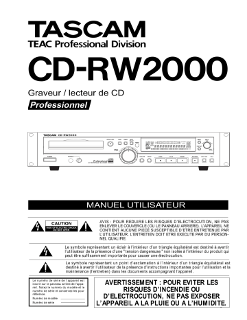 Manuel du propriétaire | Tascam CD-RW2000 Manuel utilisateur | Fixfr