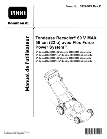 Toro Flex-Force Power System 60V MAX 22in Recycler Lawn Mower Walk Behind Mower Manuel utilisateur | Fixfr