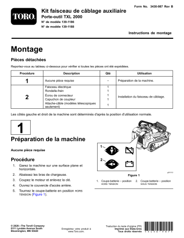 Auxiliary Wire Harness Kit, Telescoping TXL 2000 Tool Carrier | Guide d'installation | Toro Auxiliary Wire Harness Kit, TXL 2000 Tool Carrier Compact Utility Loader Manuel utilisateur | Fixfr