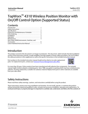 Mode d'emploi | Fisher Transmetteur de position sans fil 4310 TopWorx avec option de commande Marche/Arrêt (TopWorx 4310 Wireless Position Monitor Manuel utilisateur | Fixfr