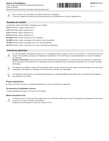 61013 | 61015 | V-ZUG 61014 Range hood DFPQ Guide d'installation | Fixfr