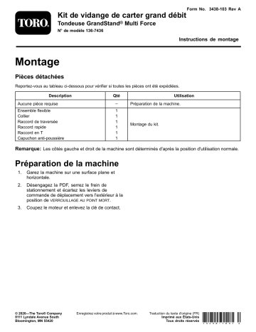 Guide d'installation | Toro High Flow Case Drain Kit, GrandStand Multi Force Mower Riding Product Manuel utilisateur | Fixfr
