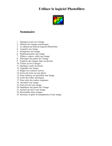 Mode d'emploi | PhotoFiltre PhotoFiltre Manuel utilisateur | Fixfr