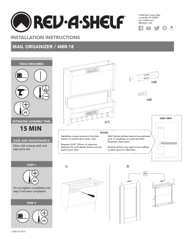 4MR-18W-1 | 4MR-18-1 | Mode d'emploi | Rev-A-Shelf 15 in. H x 13.5 in. W x 3.56 in. D Door Mounted Mail Organizer Guide d'installation | Fixfr