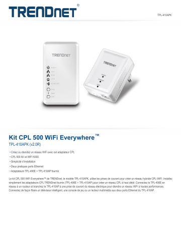 Trendnet TPL-410APK WiFi Everywhere™ Powerline 500 Kit Fiche technique | Fixfr